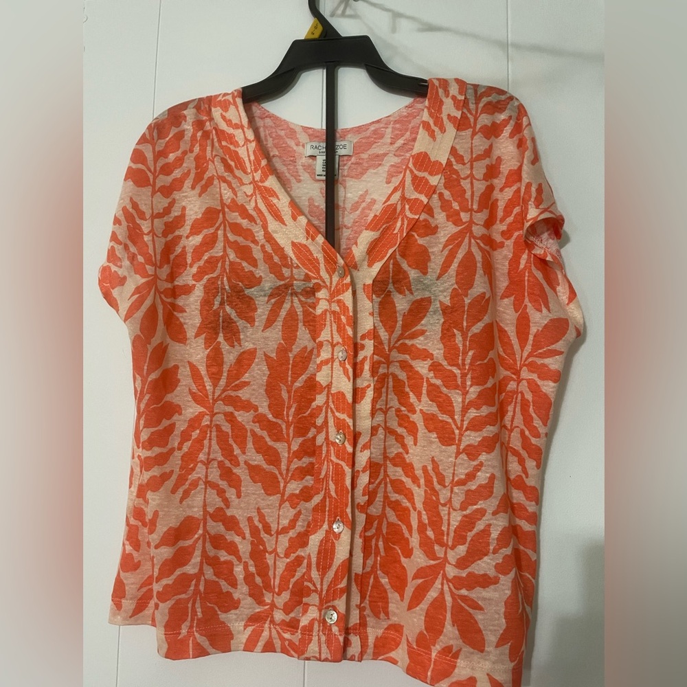 100% Linen Coral and Cream Leaf Print top